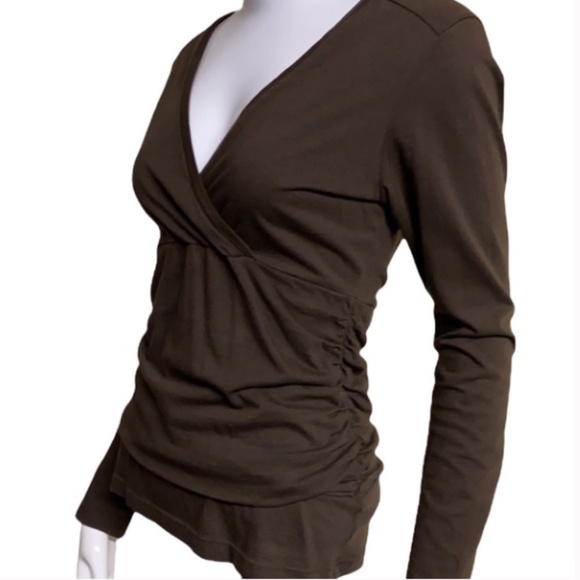 Lilla P Pima Cotton Wrap-Style V-Neck Top | Brown Long Sleeve | Size Small - Picture 2 of 10